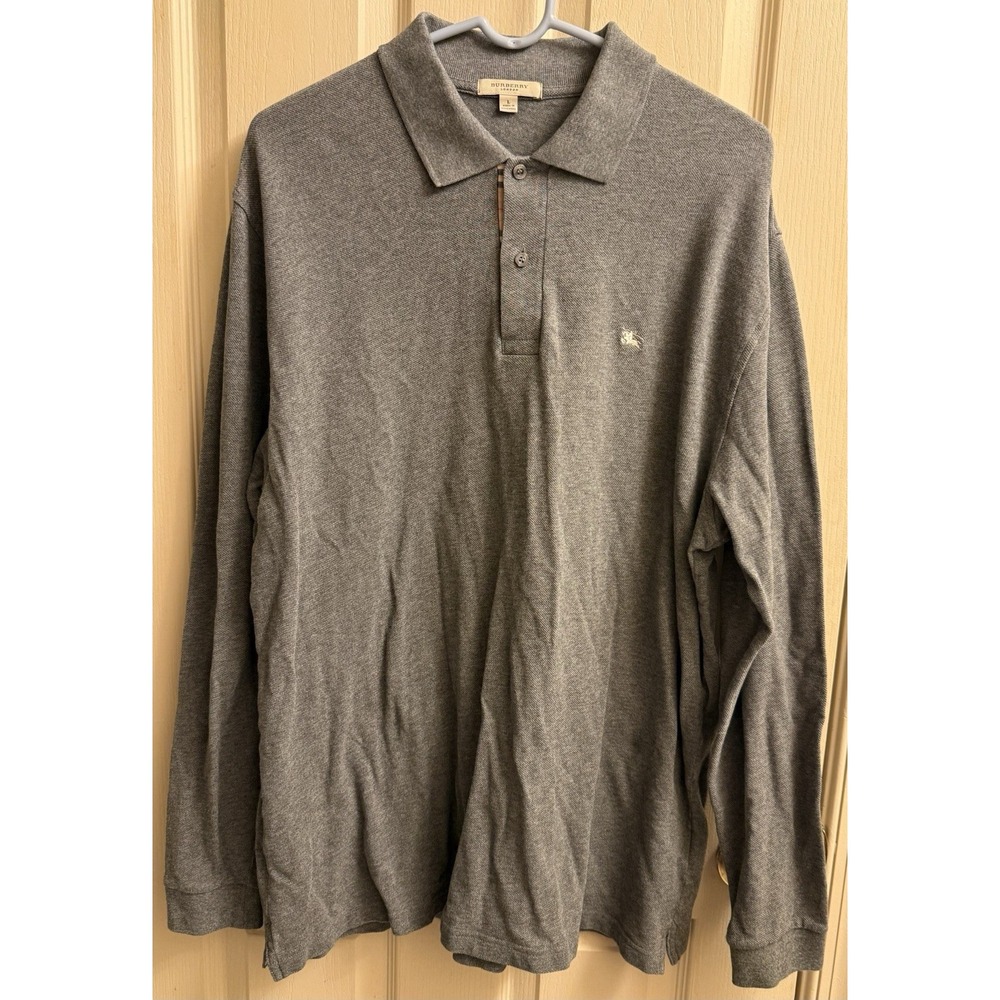 Burberry London Long-sleeve Monogram Motif Cotton Polo Shirt Size Large Gray